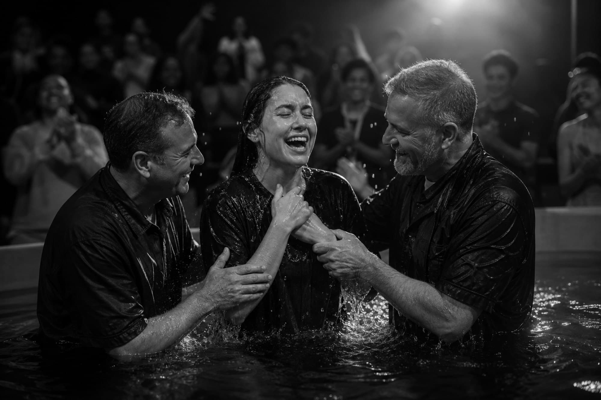 A young woman laughing with joy as she is lifted out of the baptism pool by two pastors